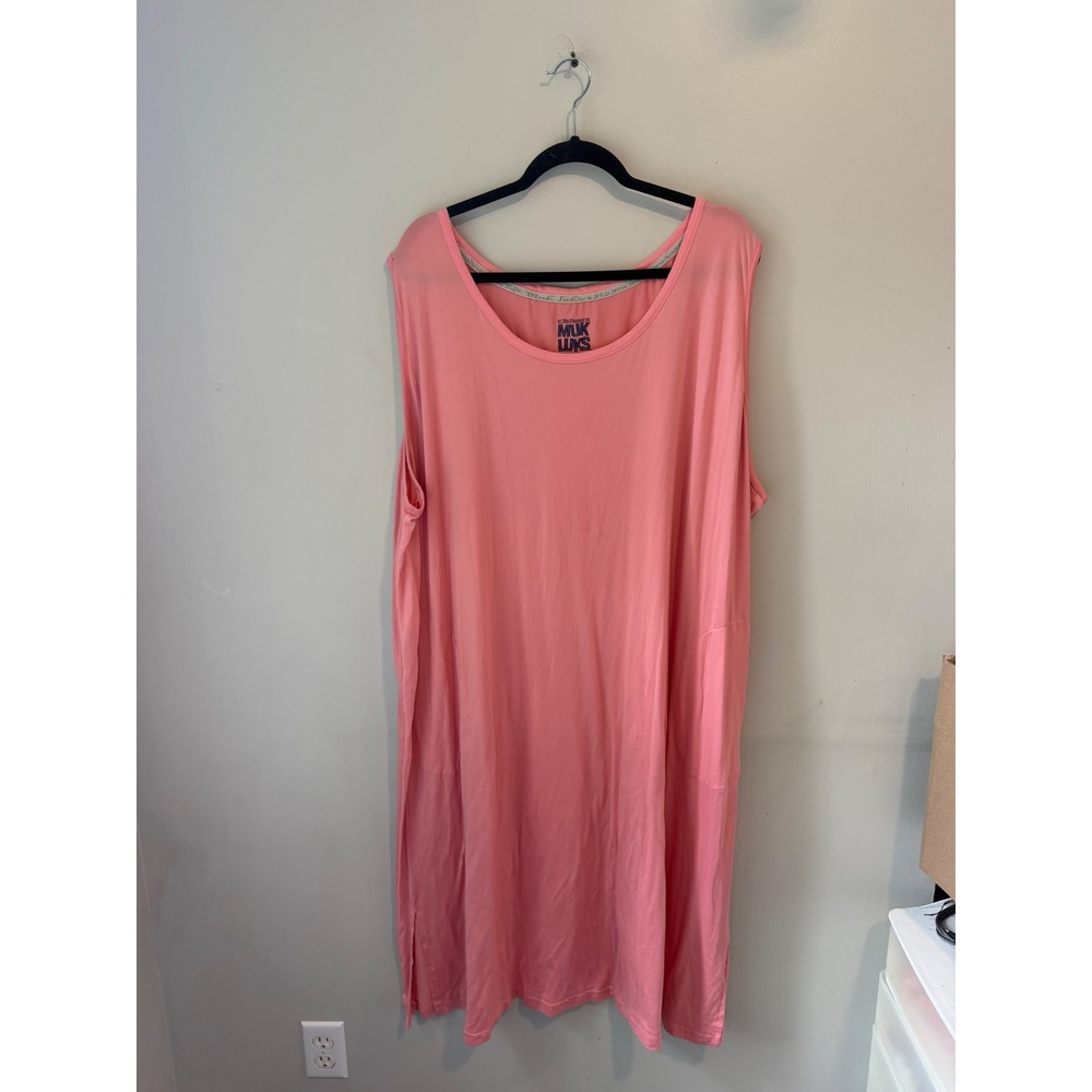 Muk Luks‎ Womens 4X Coral Pink Sleeveless Lounge Pocket Dress Ribbed Side Panels